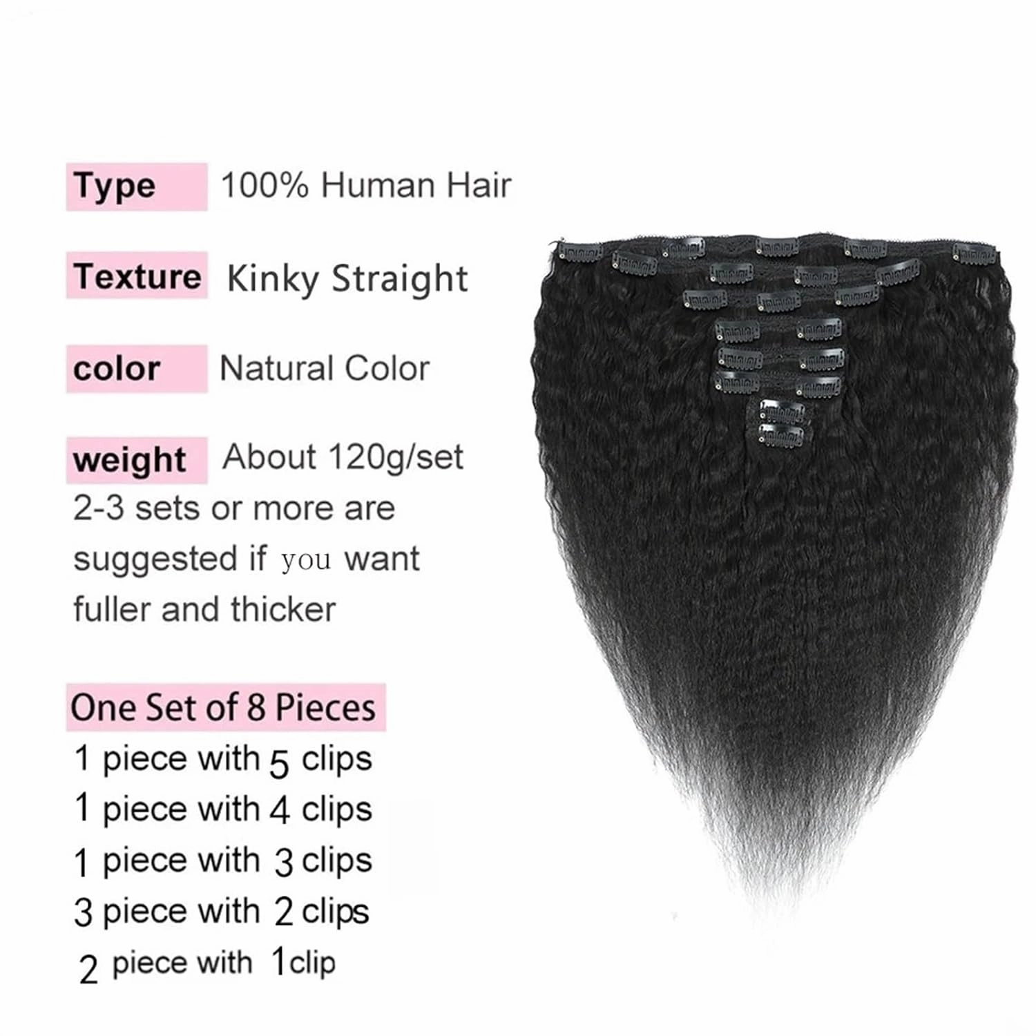 Hair Extensions Kinky Straight Clip in Hair Extensions 8-26" Thick Brazilian 100% Remy Hair Natural Black 8 Pieces with 20 Clips 120g/160g per Set Fit For Full Head Hair Pieces(8inches,160g/Set)