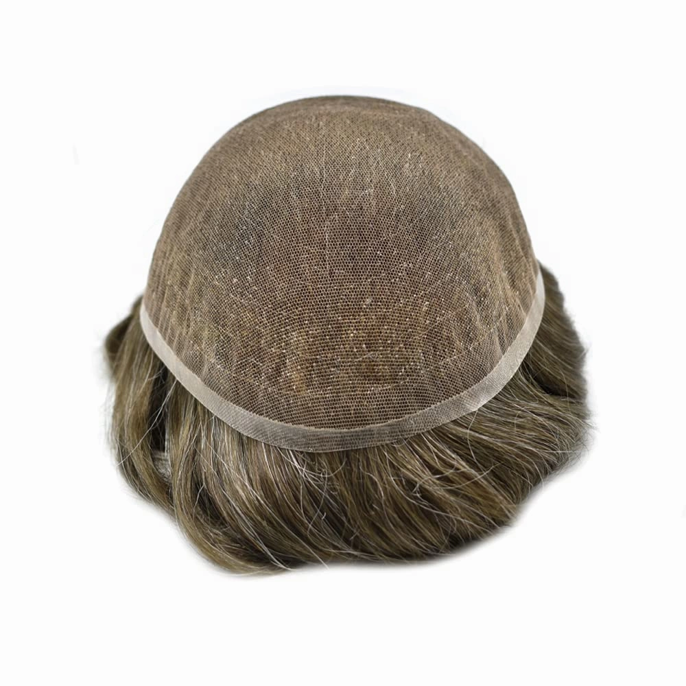 Hair Piece For Men Full French Lace Mens Toupee Human Hair Replacement Systems Bleached Knots Men Toupee Hair Pieces For Men 8x10-100% Light medium density#17R BROWN/BLONDE MIX WARM TONE