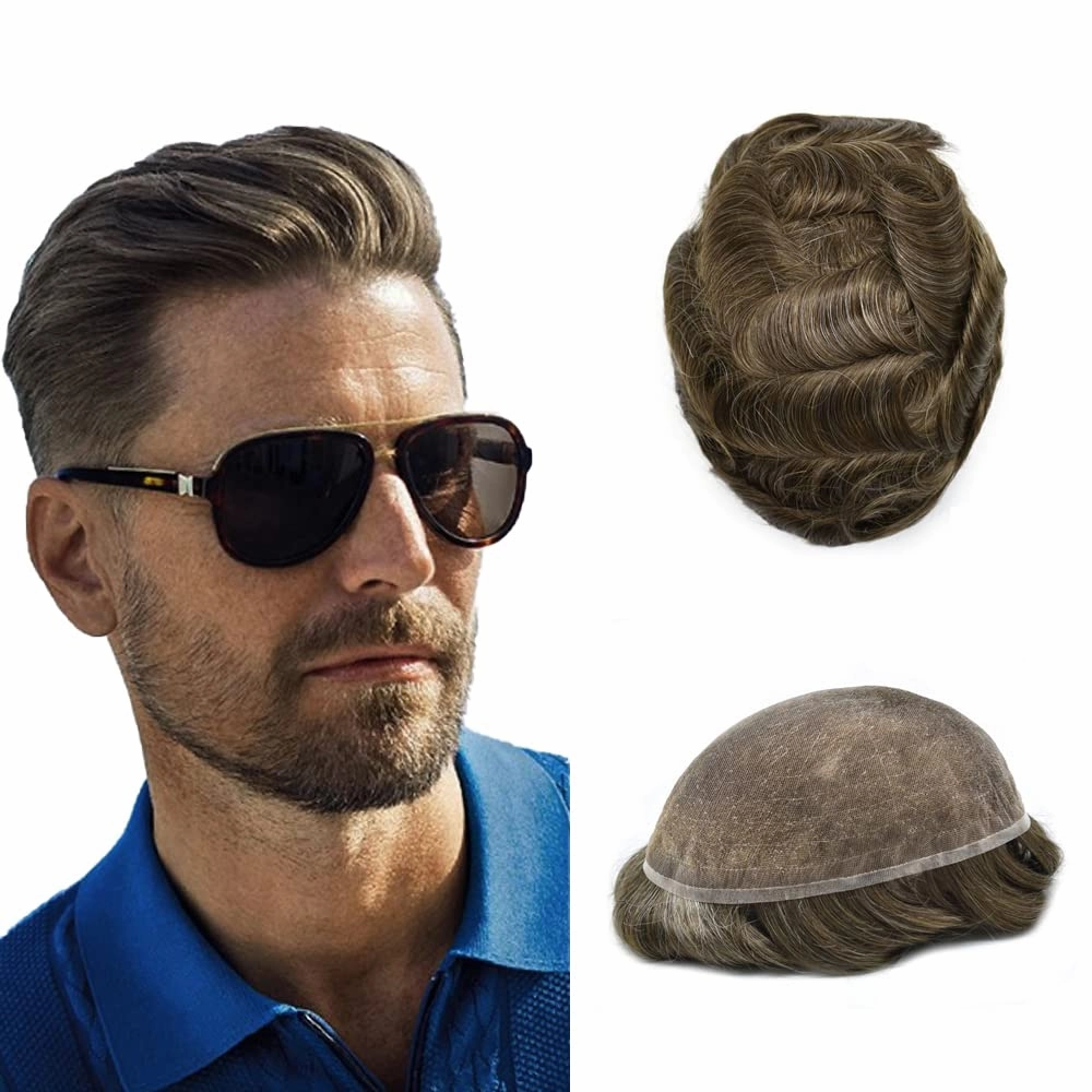 Hair Piece For Men Full French Lace Mens Toupee Human Hair Replacement Systems Bleached Knots Men Toupee Hair Pieces For Men 8x10-100% Light medium density#17R BROWN/BLONDE MIX WARM TONE