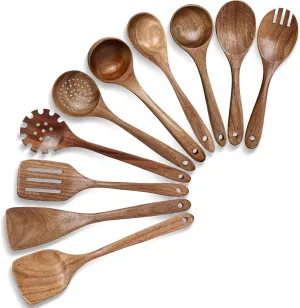 HAKSEN 10PCS Wooden Cooking Utensils, Natural Acacia Wood Kitchen Utensils Wooden Spatulas for Serving Stirring Cooking Mixing