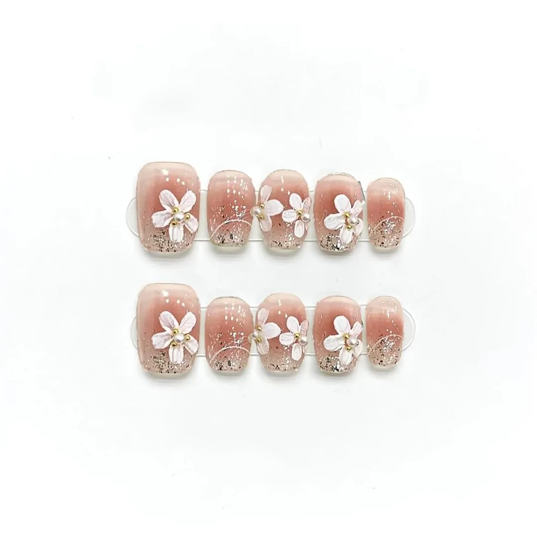 Hand Pressed Nails Short Round Flower Translucent Reusable Fake Nails Artificial Manicure Wearable