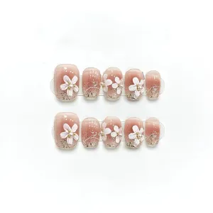 Hand Pressed Nails Short Round Flower Translucent Reusable Fake Nails Artificial Manicure Wearable
