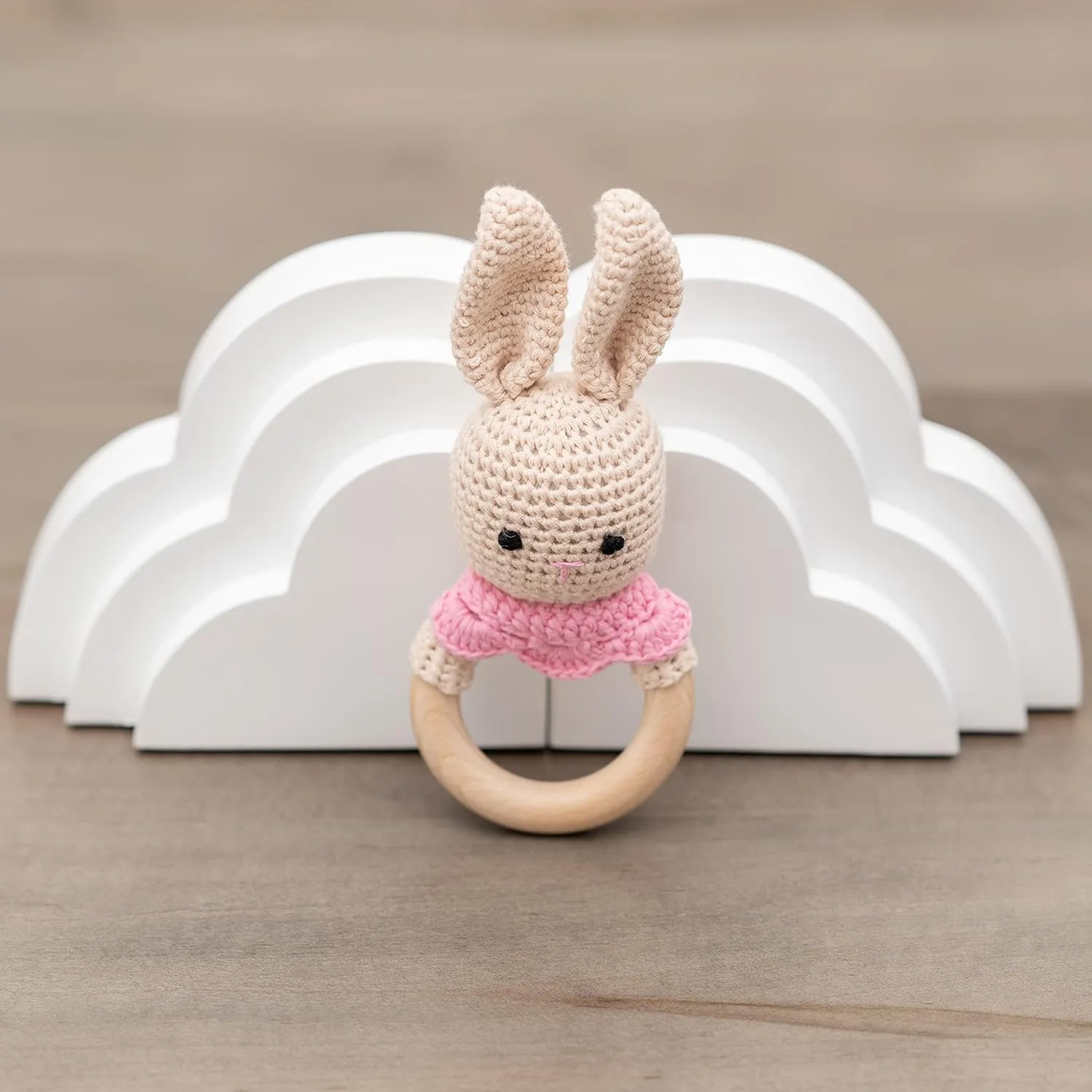 Handmade Cotton Crochet Amigurumi Rattler, Educational Baby Rattle for Teething Infants, Ideal Baby Boy Stuff, Unique Baby Stuff for New Moms, Crochet Cream Bunny Rattle Design