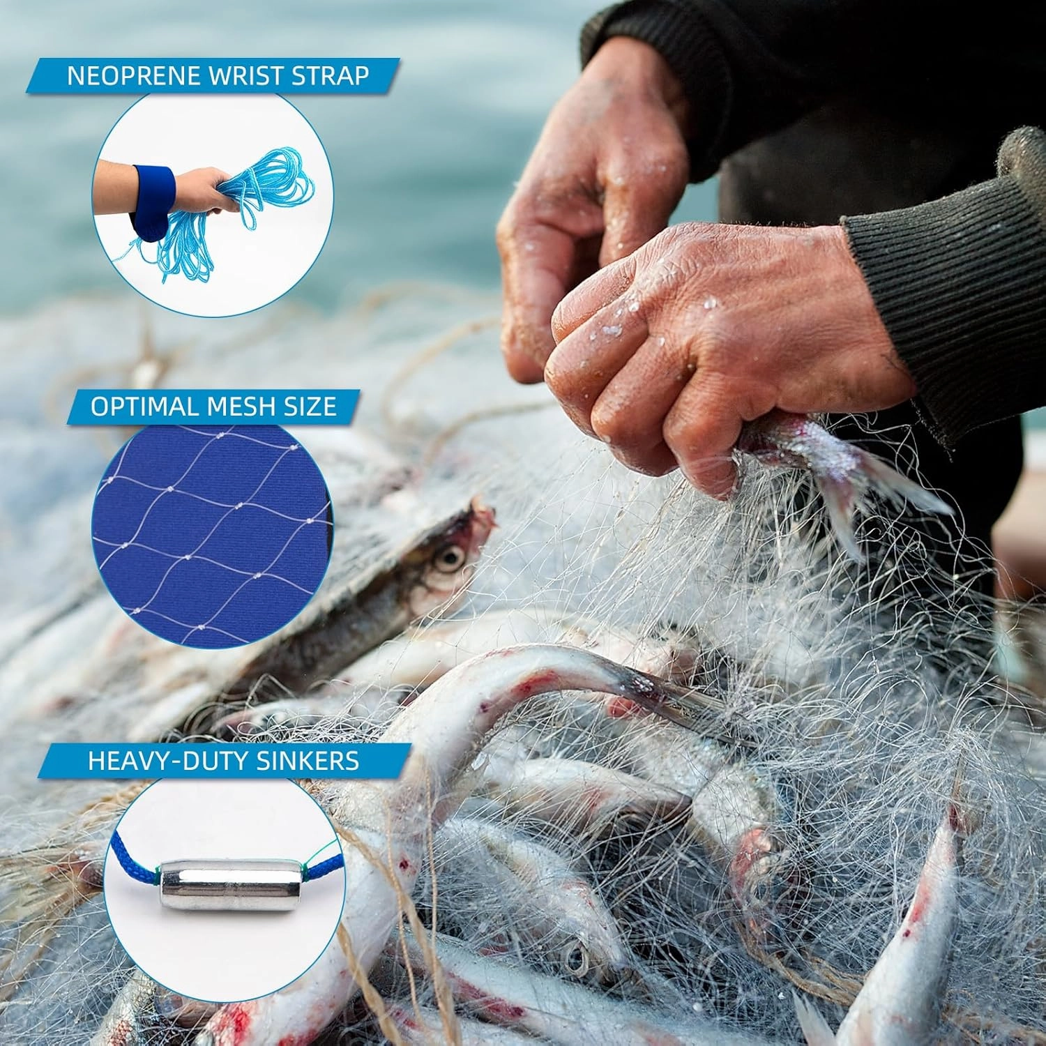 Handmade American Saltwater Fishing Cast Net, BETTER LEADER Fish Net for Bait Trap 3/4/5/6/8 FT Radius with Heavy Duty Zinc Sinker Weights Fishing Net for Freshwater and Saltwater