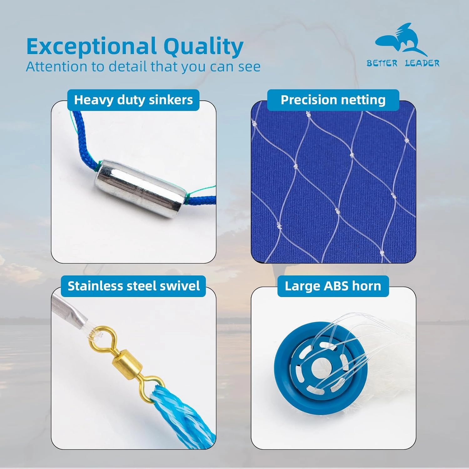 Handmade American Saltwater Fishing Cast Net, BETTER LEADER Fish Net for Bait Trap 3/4/5/6/8 FT Radius with Heavy Duty Zinc Sinker Weights Fishing Net for Freshwater and Saltwater
