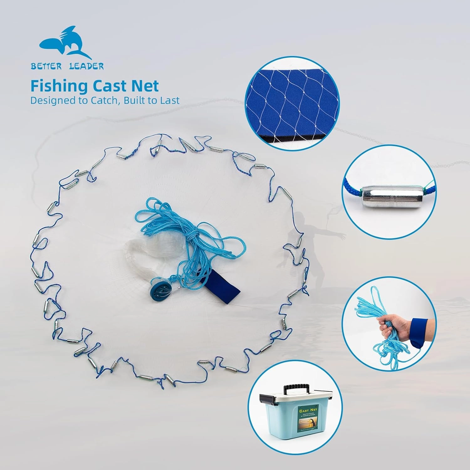 Handmade American Saltwater Fishing Cast Net, BETTER LEADER Fish Net for Bait Trap 3/4/5/6/8 FT Radius with Heavy Duty Zinc Sinker Weights Fishing Net for Freshwater and Saltwater