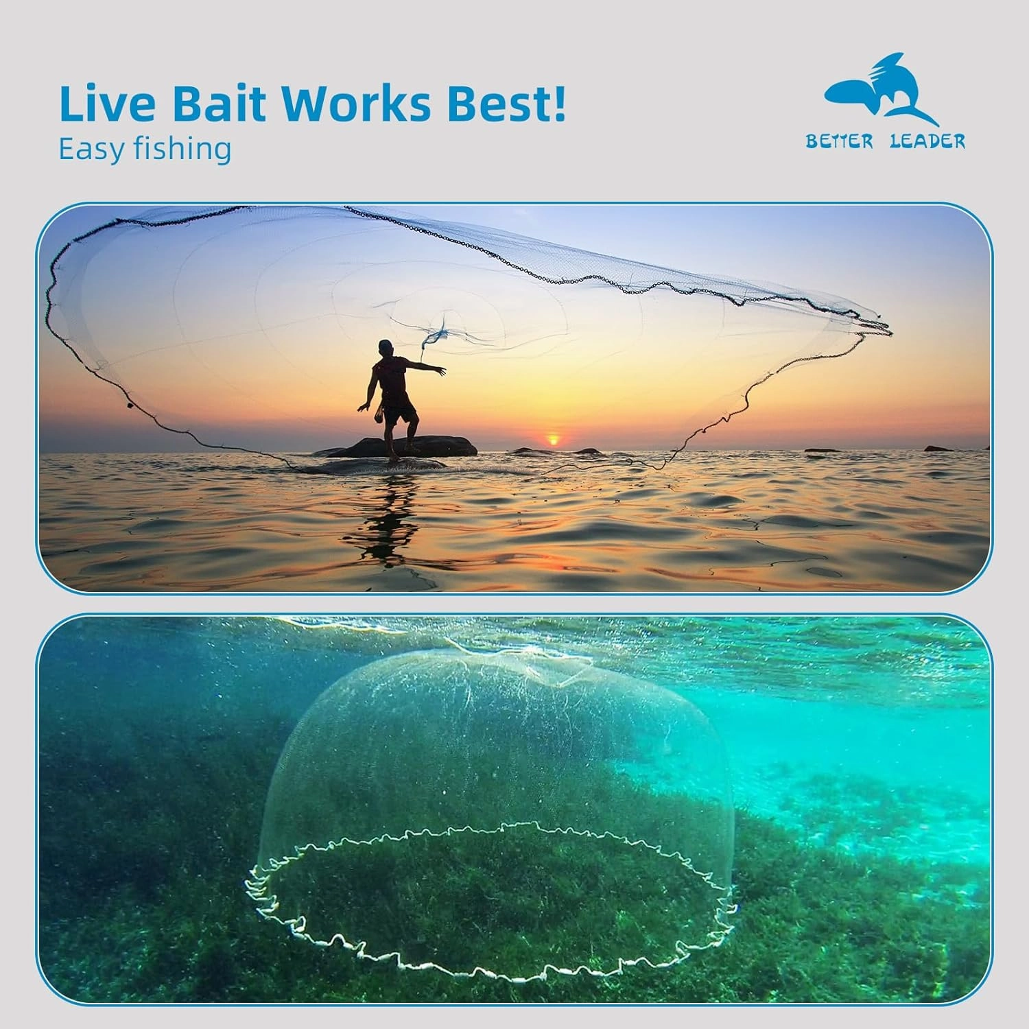 Handmade American Saltwater Fishing Cast Net, BETTER LEADER Fish Net for Bait Trap 3/4/5/6/8 FT Radius with Heavy Duty Zinc Sinker Weights Fishing Net for Freshwater and Saltwater