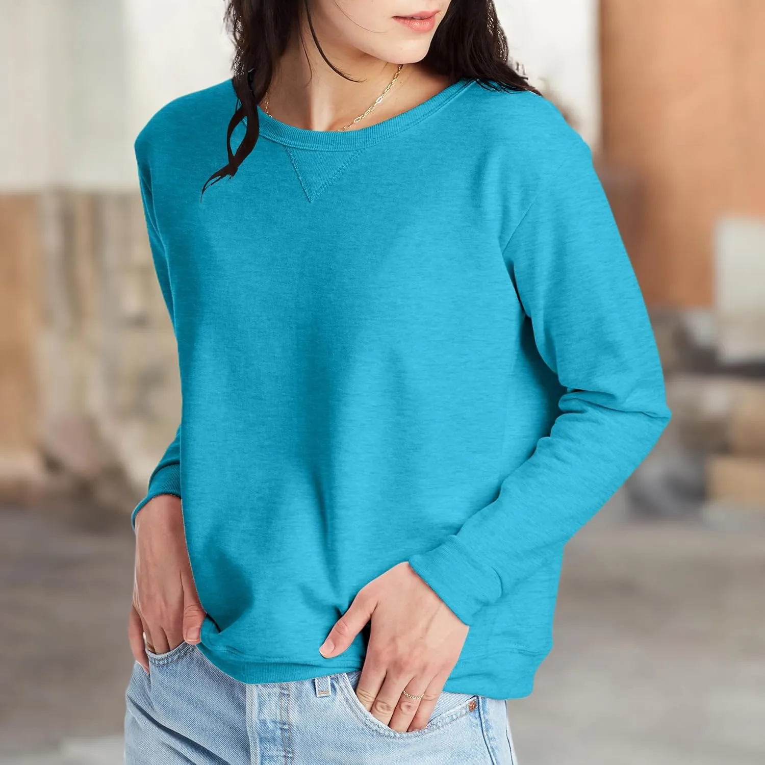 Hanes Women's Ecosmart V-Notch Crewneck Sweatshirt, Fleece Pullover Sweatshirt For Women
