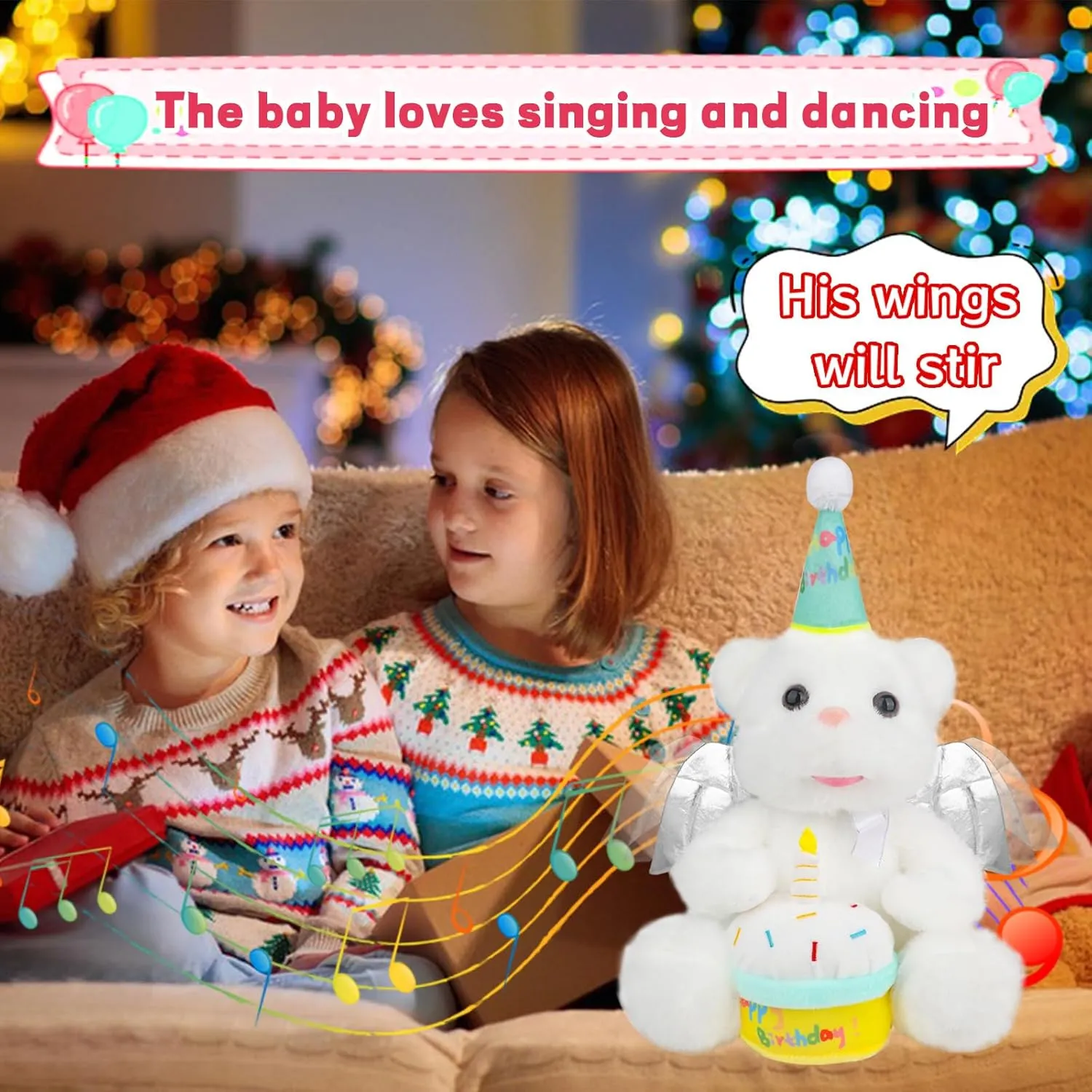 Happy Birthday Gifts for Kids Singing Happy Birthday Teddy Bear Plush Toys Singing Stuffed Animal Dancing and Moving Wings with Cupcake Song Musical for Women Adults Boys Girls,14"(White)
