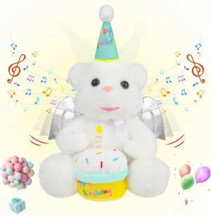 Happy Birthday Gifts for Kids Singing Happy Birthday Teddy Bear Plush Toys Singing Stuffed Animal Dancing and Moving Wings with Cupcake Song Musical for Women Adults Boys Girls,14"(White)