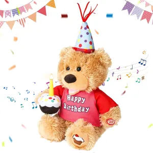 Happy Birthday Interactive Teddy Bear with Cupcake, Musical Animated Plush Toy with Glow Candle, Teddy Bear Birthday Gift for Kids Adults,12 Inchs