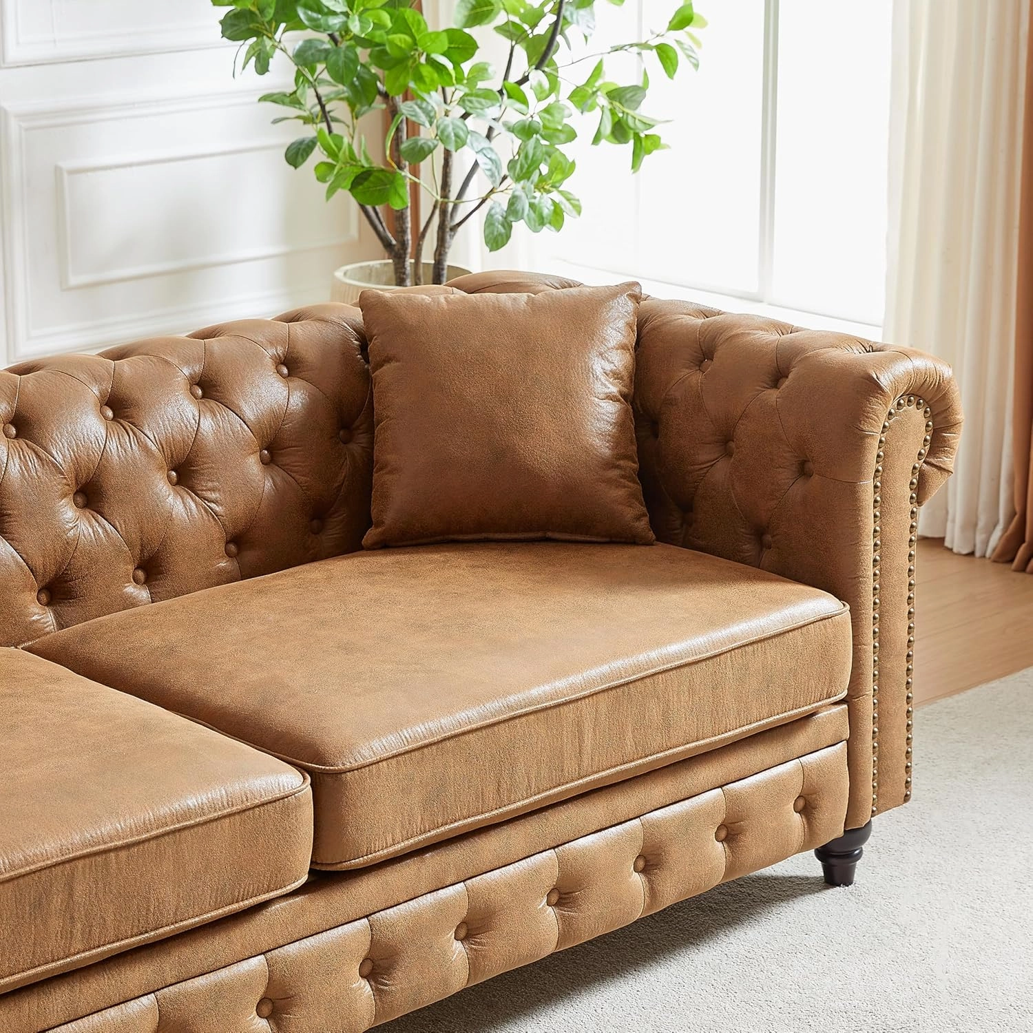 Harper & Bright Designs 2-Piece Tech Fabric Upholstered Living Room Sofa Set, Including 3-Seater Sofa and Loveseat with Button and Copper Nail on Arms, Four Pillows Included, Brown