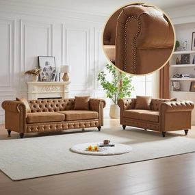 Harper & Bright Designs 2-Piece Tech Fabric Upholstered Living Room Sofa Set, Including 3-Seater Sofa and Loveseat with Button and Copper Nail on Arms, Four Pillows Included, Brown
