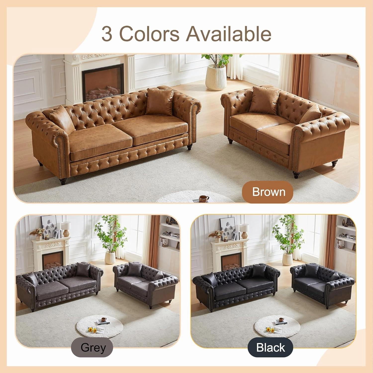 Harper & Bright Designs 2-Piece Tech Fabric Upholstered Living Room Sofa Set, Including 3-Seater Sofa and Loveseat with Button and Copper Nail on Arms, Four Pillows Included, Brown