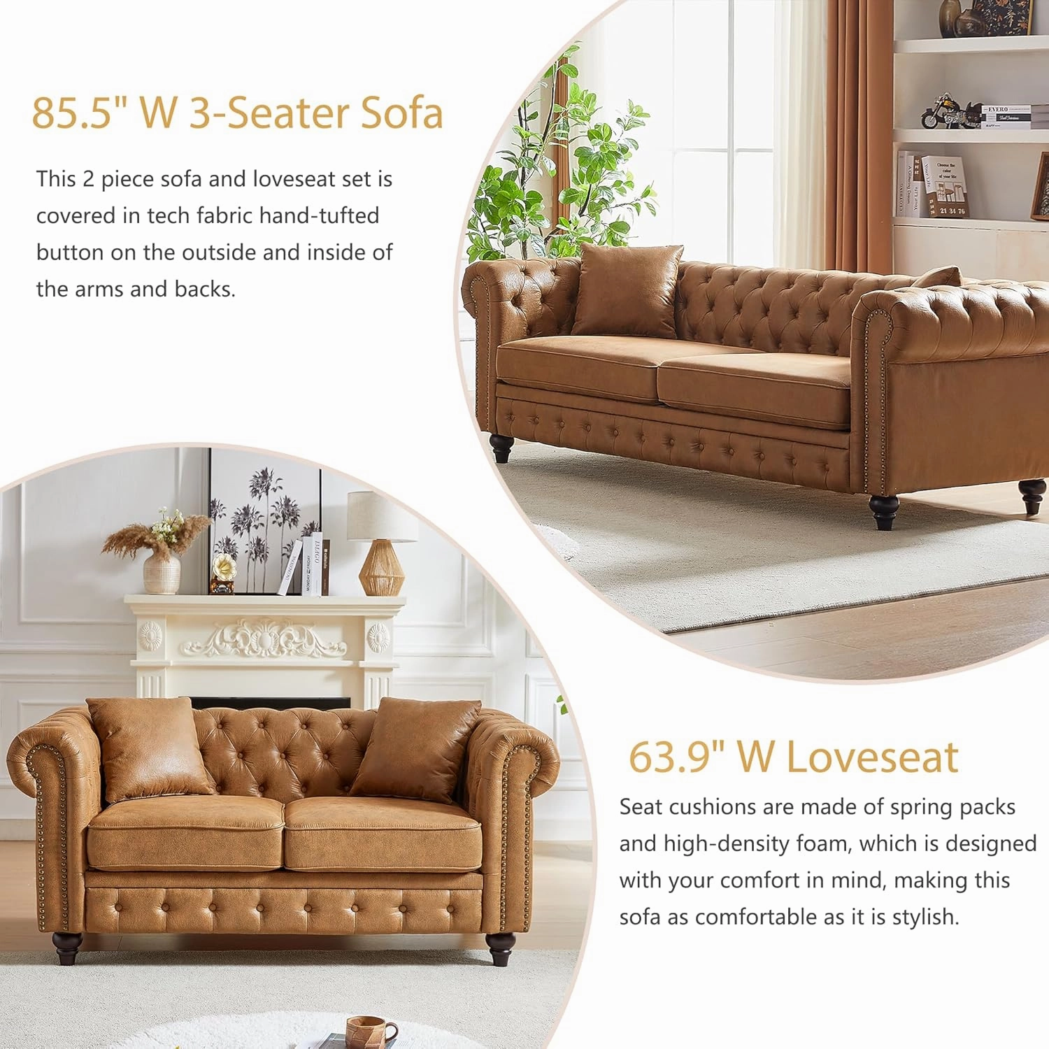 Harper & Bright Designs 2-Piece Tech Fabric Upholstered Living Room Sofa Set, Including 3-Seater Sofa and Loveseat with Button and Copper Nail on Arms, Four Pillows Included, Brown