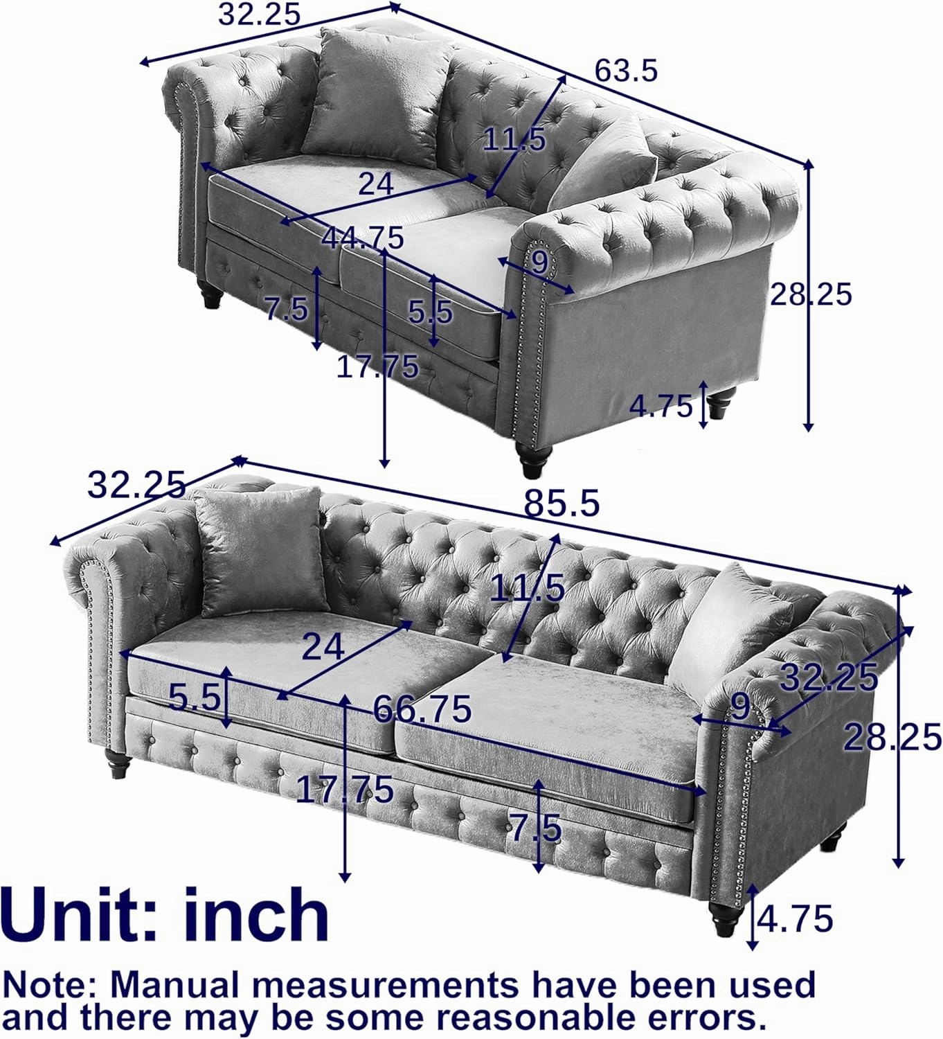 Harper & Bright Designs 2-Piece Tech Fabric Upholstered Living Room Sofa Set, Including 3-Seater Sofa and Loveseat with Button and Copper Nail on Arms, Four Pillows Included, Brown