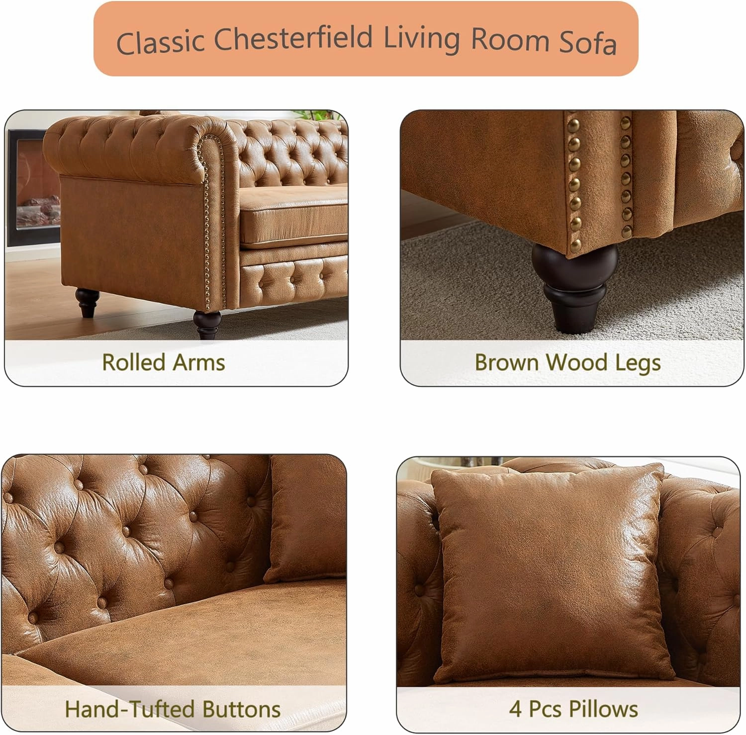 Harper & Bright Designs 2-Piece Tech Fabric Upholstered Living Room Sofa Set, Including 3-Seater Sofa and Loveseat with Button and Copper Nail on Arms, Four Pillows Included, Brown