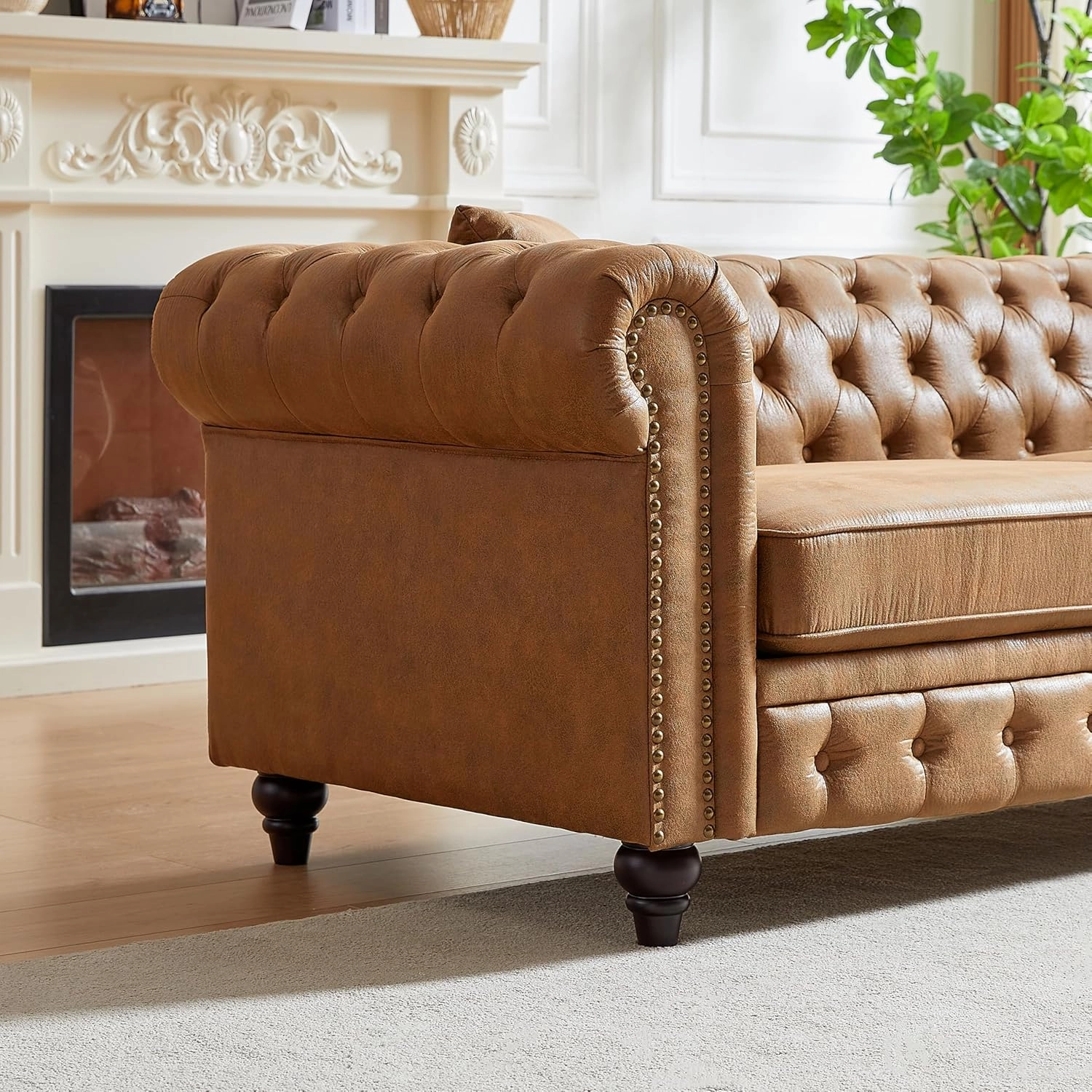 Harper & Bright Designs 2-Piece Tech Fabric Upholstered Living Room Sofa Set, Including 3-Seater Sofa and Loveseat with Button and Copper Nail on Arms, Four Pillows Included, Brown