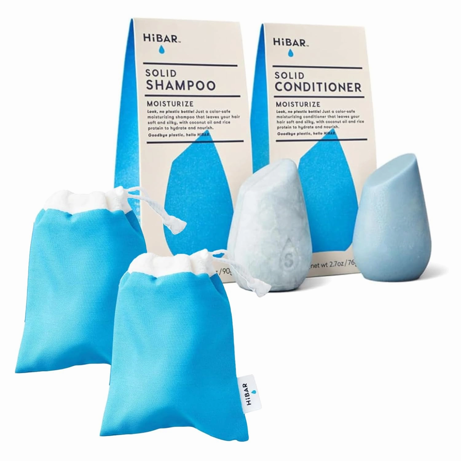 HiBAR Bundle - Moisturize Shampoo & Conditioner Set   Travel Pouch - For Dry, Frizzy Hair -Coconut Oil, Cocoa Butter & Vitamin B5 -Plastic, Soap, Paraben & Sulfate-Free -Color Safe & Vegan -2 Bars
