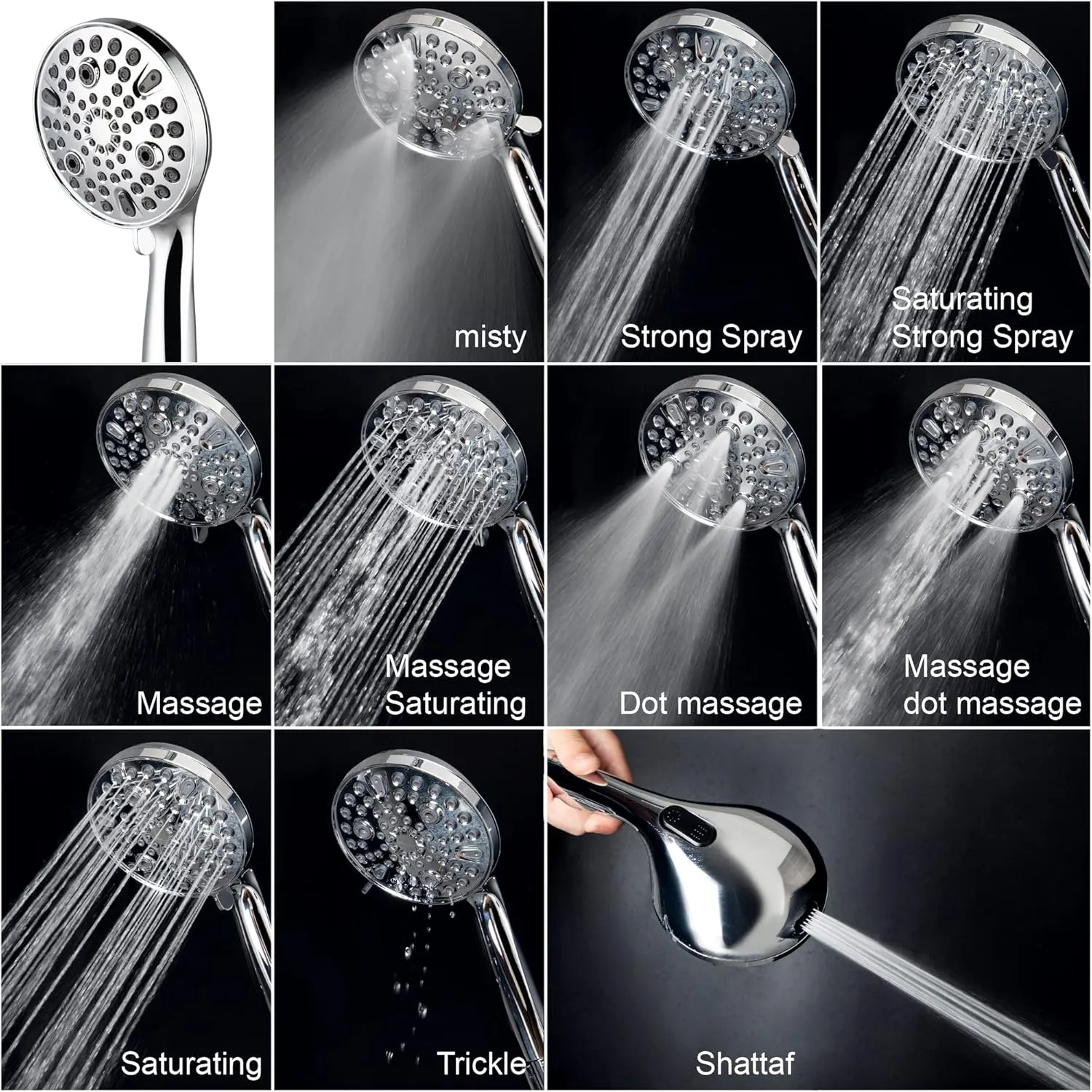 High Pressure Handheld Shower Head, 10-Setting Showerhead, 4.7”Detachable Showerhead Set with 5ft Hose, Adjustable Bracket and Built-in Power Wash to Clean Tub, Tile & Pets - Polished Chrome
