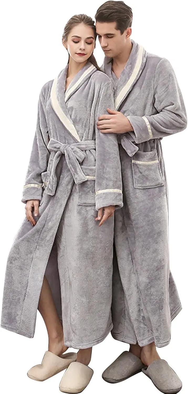His and Hers Robes Flannel Long Length Matching Robes for Couples Warm Thickened Bathrobe Plus Size Shower Robe