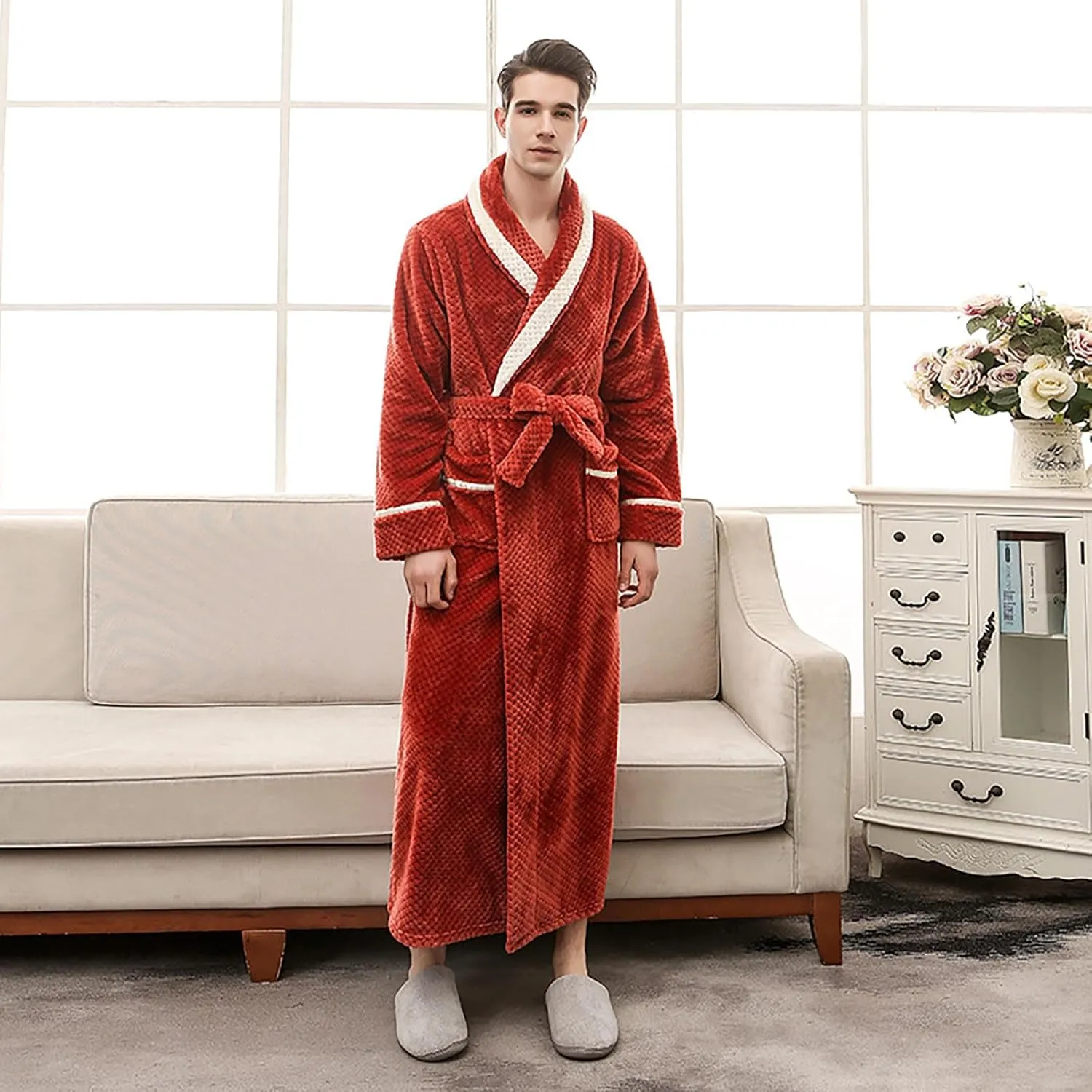 His and Hers Robes Flannel Long Length Matching Robes for Couples Warm Thickened Bathrobe Plus Size Shower Robe