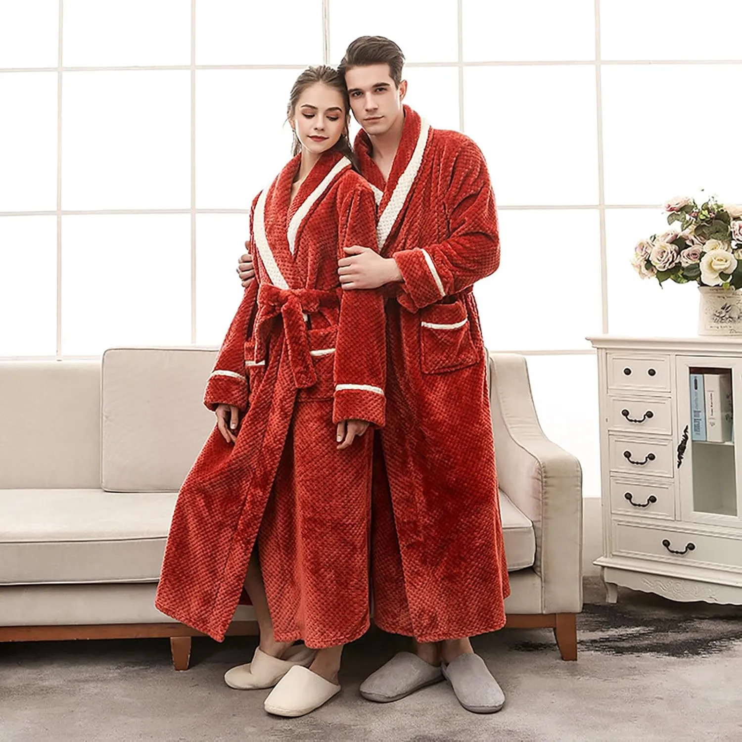 His and Hers Robes Flannel Long Length Matching Robes for Couples Warm Thickened Bathrobe Plus Size Shower Robe