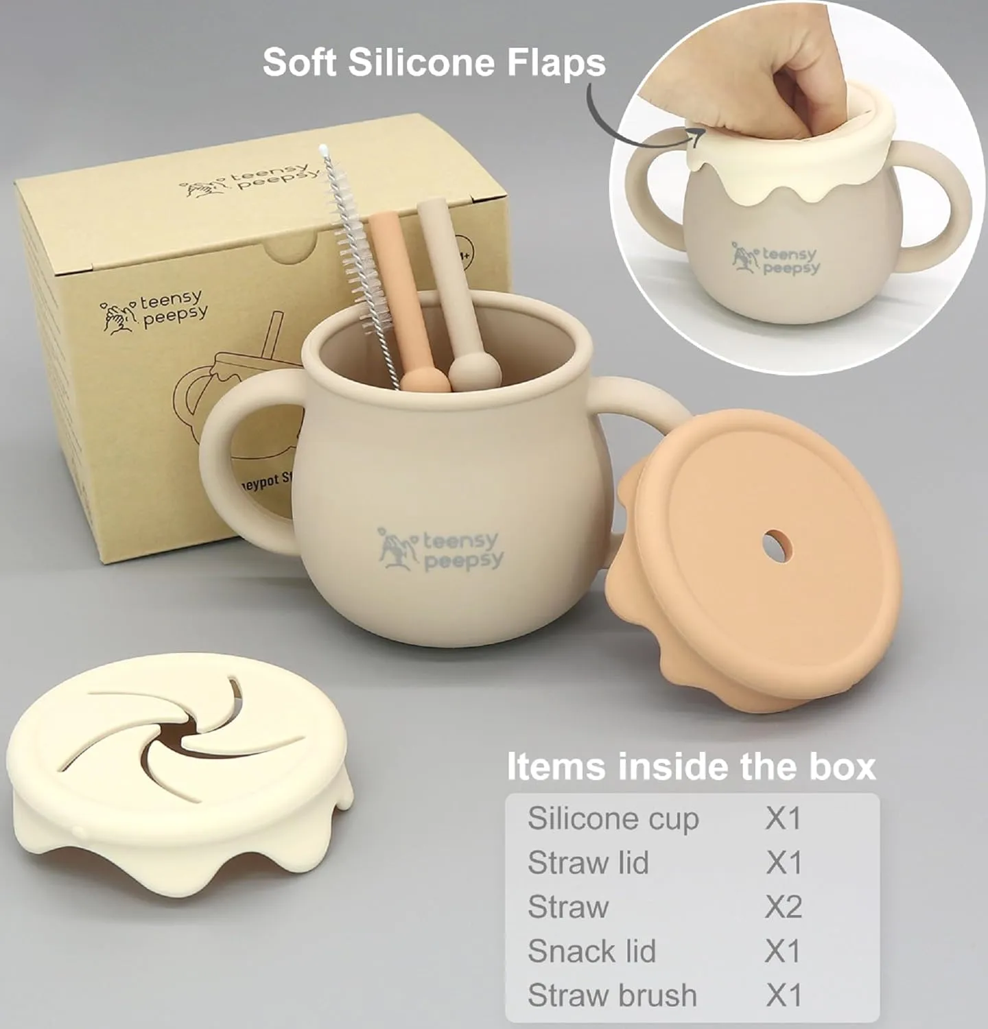 Honey Jar Pot 3-in-1 Silicone Training Cup 8.5oz, Unisex Baby Sippy Cup with Straw & Snack Lid for 6 months  Break Resistant Straw Cup for Toddler Smoothie Drinkware (Sandy Beige)