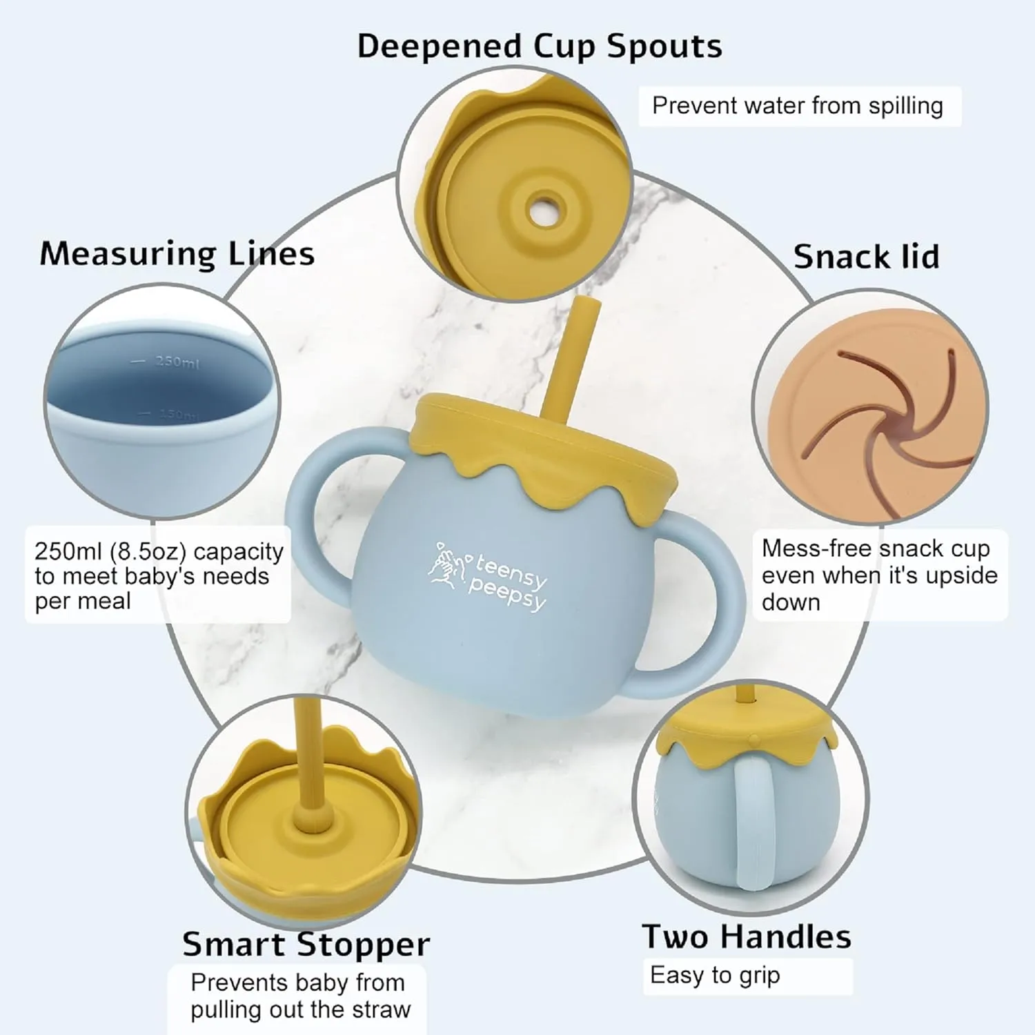 Honey Jar Pot 3-in-1 Silicone Training Cup 8.5oz, Unisex Baby Sippy Cup with Straw & Snack Lid for 6 months  Break Resistant Straw Cup for Toddler Smoothie Drinkware (Sandy Beige)