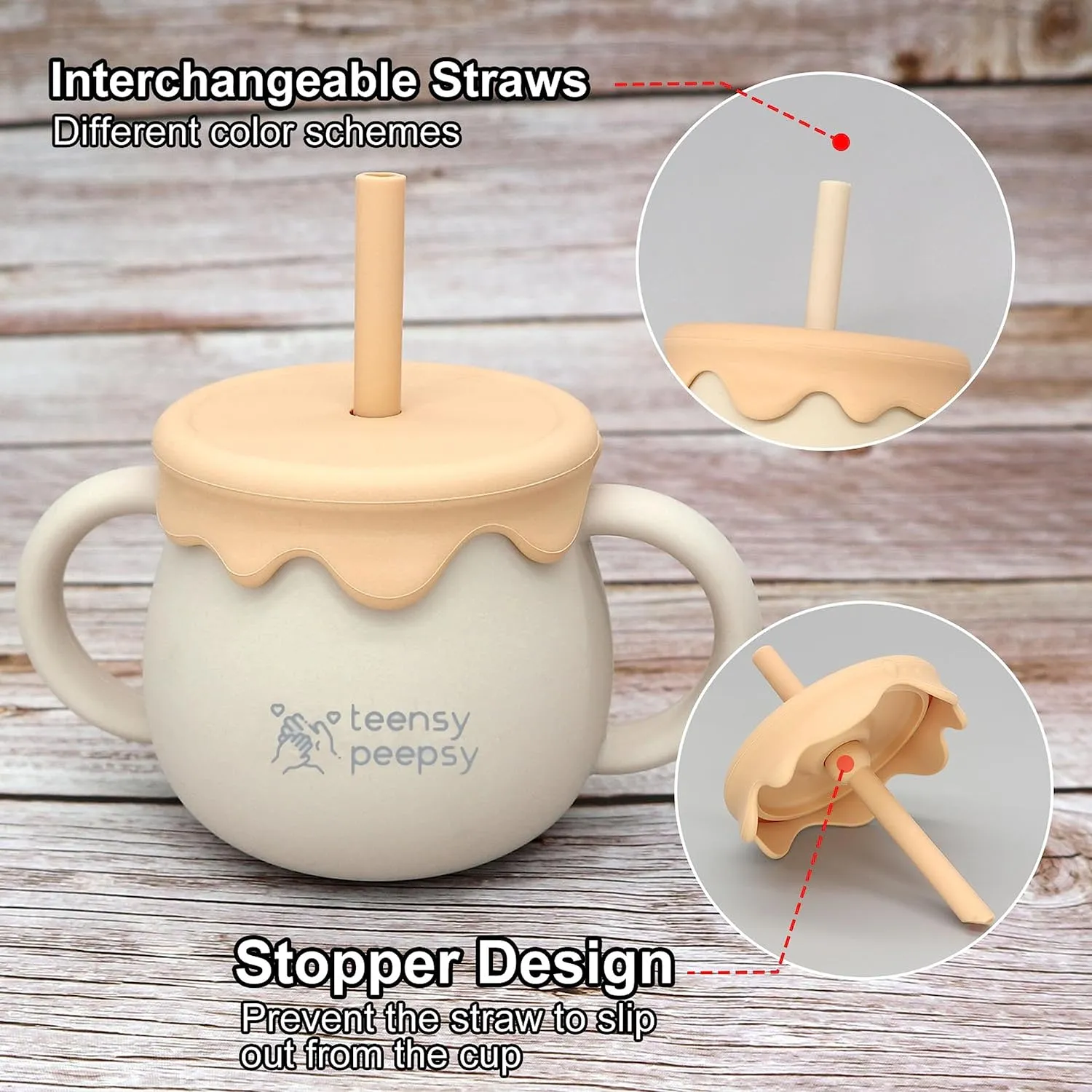 Honey Jar Pot 3-in-1 Silicone Training Cup 8.5oz, Unisex Baby Sippy Cup with Straw & Snack Lid for 6 months  Break Resistant Straw Cup for Toddler Smoothie Drinkware (Sandy Beige)