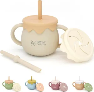 Honey Jar Pot 3-in-1 Silicone Training Cup 8.5oz, Unisex Baby Sippy Cup with Straw & Snack Lid for 6 months  Break Resistant Straw Cup for Toddler Smoothie Drinkware (Sandy Beige)
