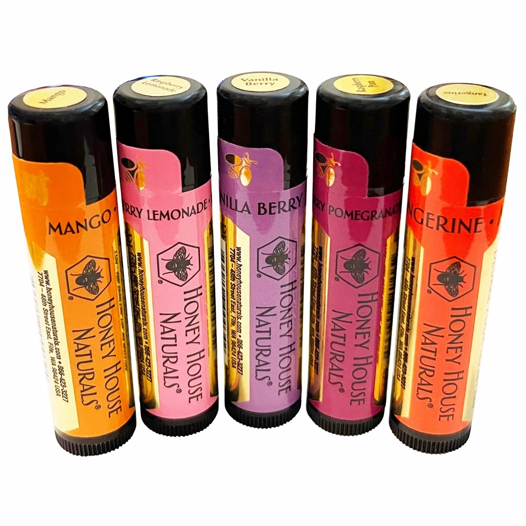 Honey House Naturals Lip Butter Gift Set – Rich & Anti-Aging – All Natural Ultra Moisturizing Lip Butter Infused with Essential Oils - 5 Piece Set - Made in the USA