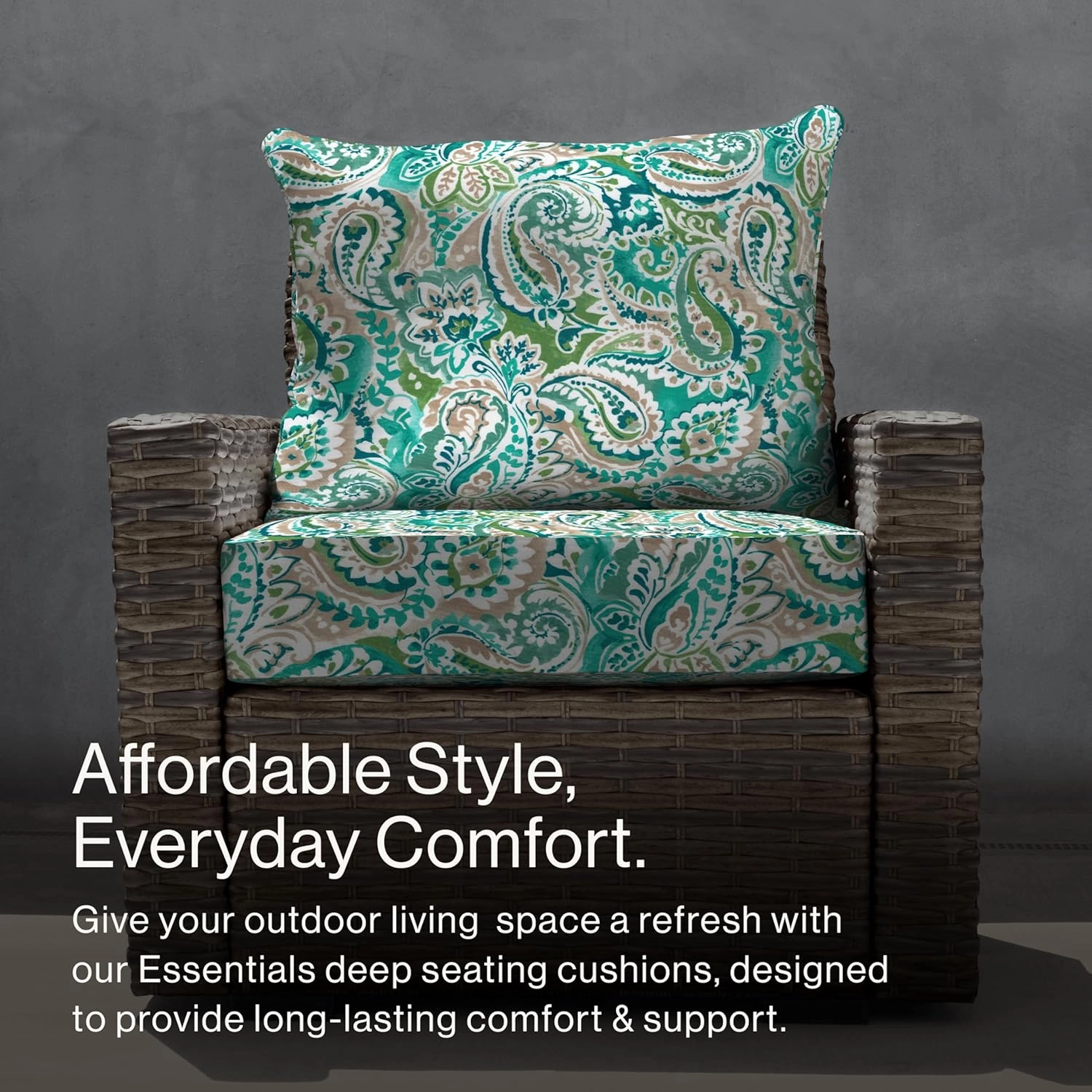 Honeycomb Essentials Outdoor Deep Seating Cushion, 24” x 24”, Geneva Paisley Turquoise Patio Chair Cushion