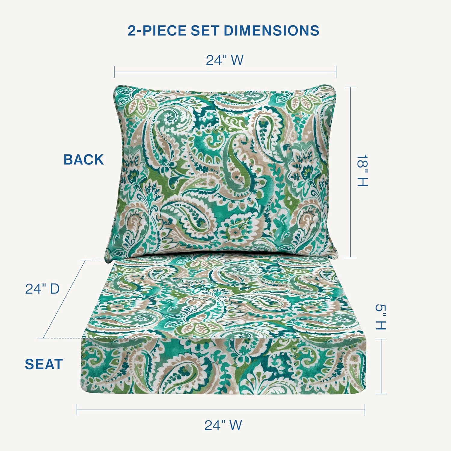 Honeycomb Essentials Outdoor Deep Seating Cushion, 24” x 24”, Geneva Paisley Turquoise Patio Chair Cushion