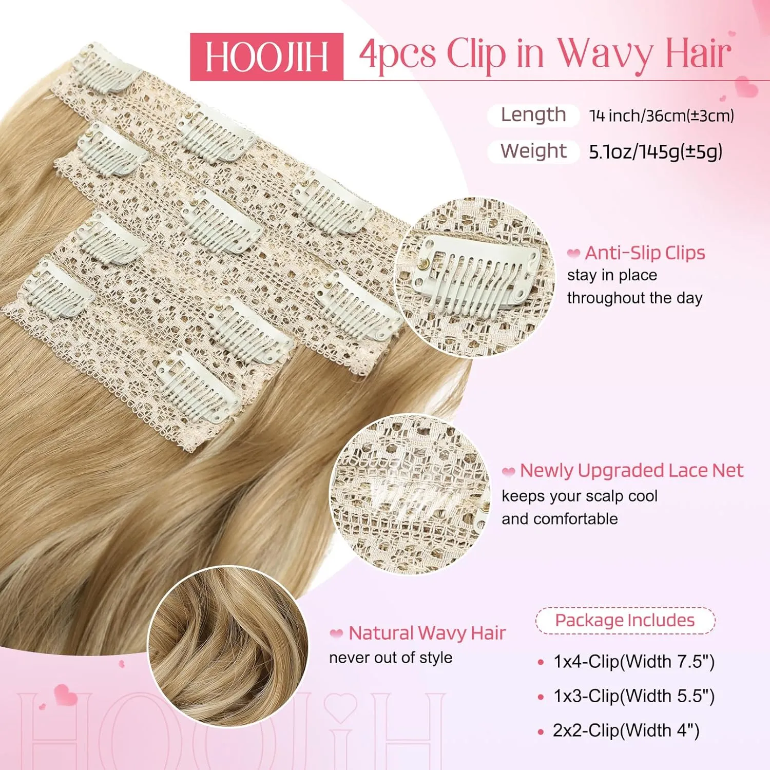 HOOJIH Clip in Hair Extensions 4PCS 14" Short Curly Clip on Hair Extensions Invisible Lace Weft Natural Soft Hairpieces for Women - Golden Blonde with Highlights