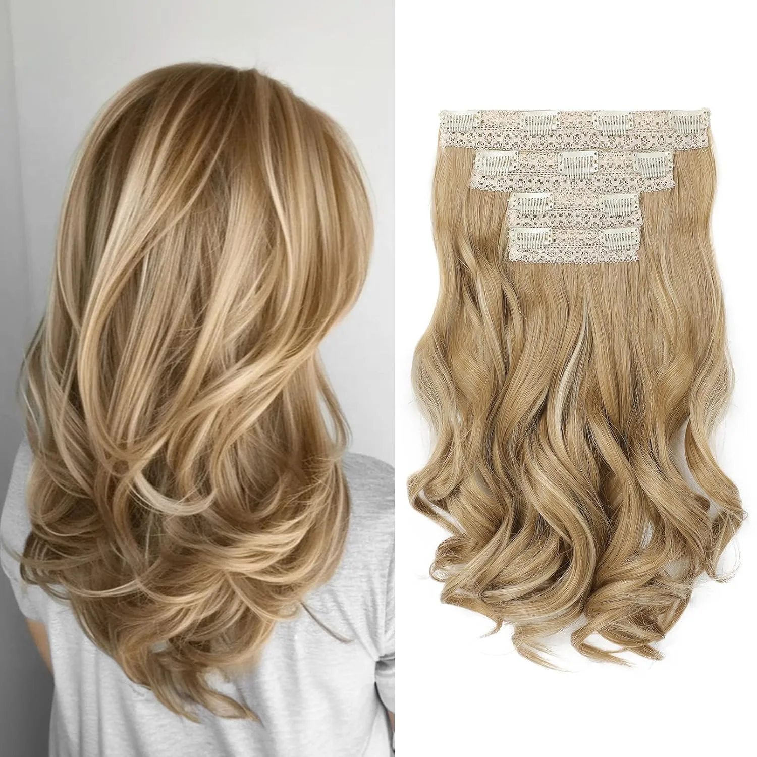 HOOJIH Clip in Hair Extensions 4PCS 14" Short Curly Clip on Hair Extensions Invisible Lace Weft Natural Soft Hairpieces for Women - Golden Blonde with Highlights