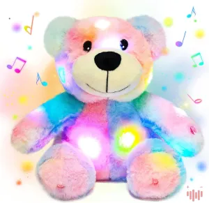 Hopearl LED Musical Rainbow Stuffed Teddy Bear Lighting Up Singing Plush Toy Adjustable Volume Lullaby Animated Soothe Valentine's Day Birthday Mother's Day for Girlfriend, Colorful, 10''