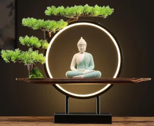 Houlu Green Buddha Statue with Green Artificial Tree and LED Circle Table Lamp, Indoor Ceramic Buddha Statues for Home Decor, 16.5 in