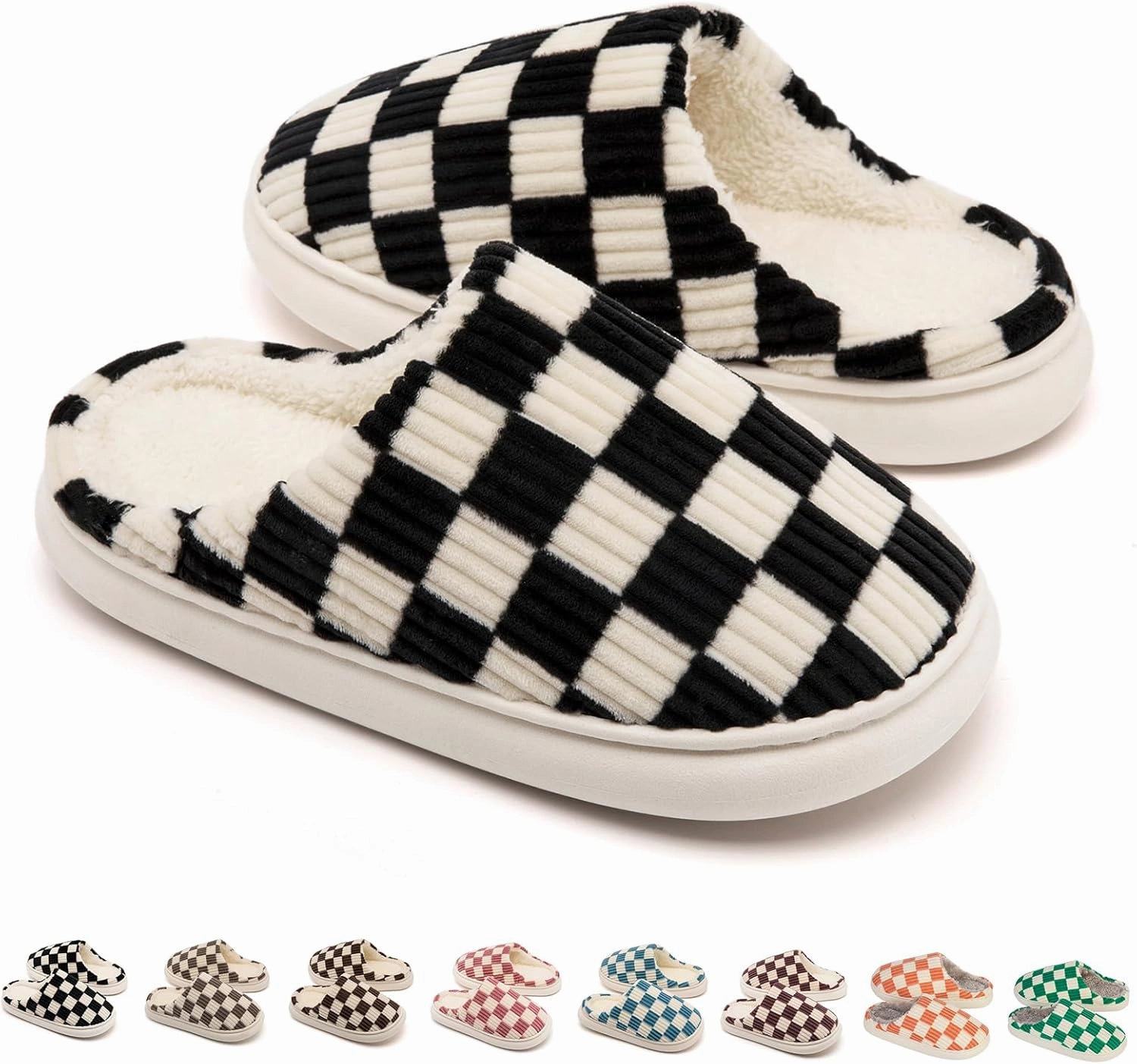 House Slippers for Woman Men, Womens Slippers on Fuzzy House Shoes Memory Foam Checkered Scuff Outdoor Indoor Warm Plush Bedroom Shoes with Faux Fur Lining Size