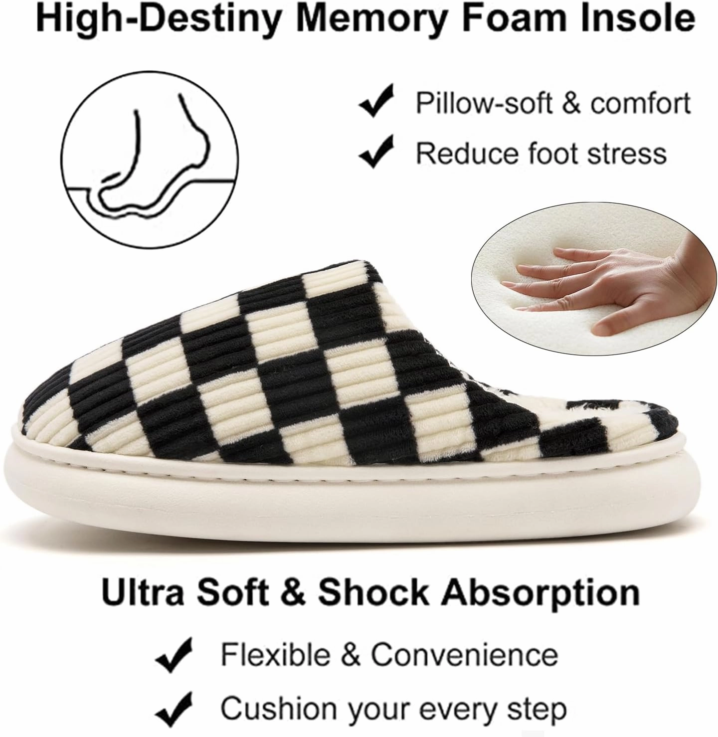 House Slippers for Woman Men, Womens Slippers on Fuzzy House Shoes Memory Foam Checkered Scuff Outdoor Indoor Warm Plush Bedroom Shoes with Faux Fur Lining Size