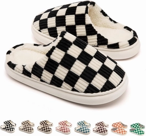 House Slippers for Woman Men, Womens Slippers on Fuzzy House Shoes Memory Foam Checkered Scuff Outdoor Indoor Warm Plush Bedroom Shoes with Faux Fur Lining Size