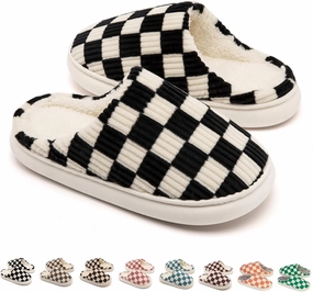 House Slippers for Woman Men, Womens Slippers on Fuzzy House Shoes Memory Foam Checkered Scuff Outdoor Indoor Warm Plush Bedroom Shoes with Faux Fur Lining Size