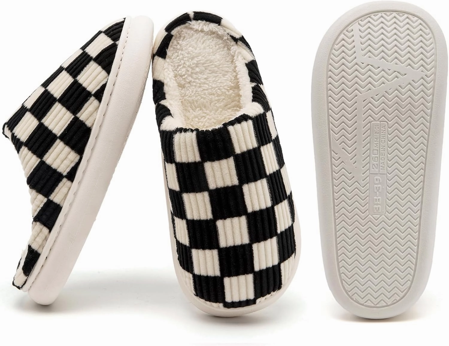 House Slippers for Woman Men, Womens Slippers on Fuzzy House Shoes Memory Foam Checkered Scuff Outdoor Indoor Warm Plush Bedroom Shoes with Faux Fur Lining Size
