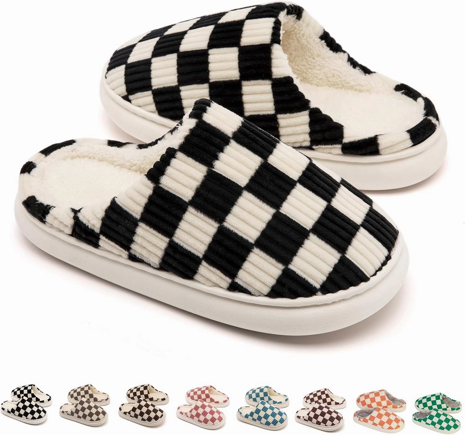 House Slippers for Woman Men, Womens Slippers on Fuzzy House Shoes Memory Foam Checkered Scuff Outdoor Indoor Warm Plush Bedroom Shoes with Faux Fur Lining Size