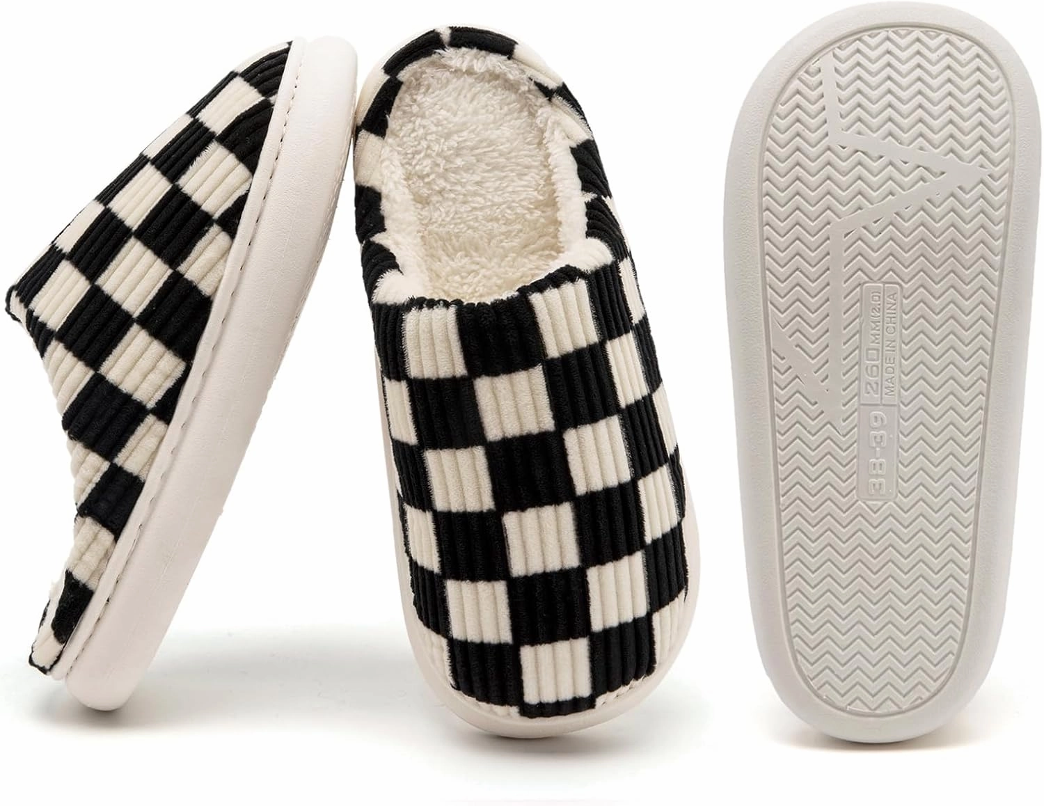 House Slippers for Woman Men, Womens Slippers on Fuzzy House Shoes Memory Foam Checkered Scuff Outdoor Indoor Warm Plush Bedroom Shoes with Faux Fur Lining Size
