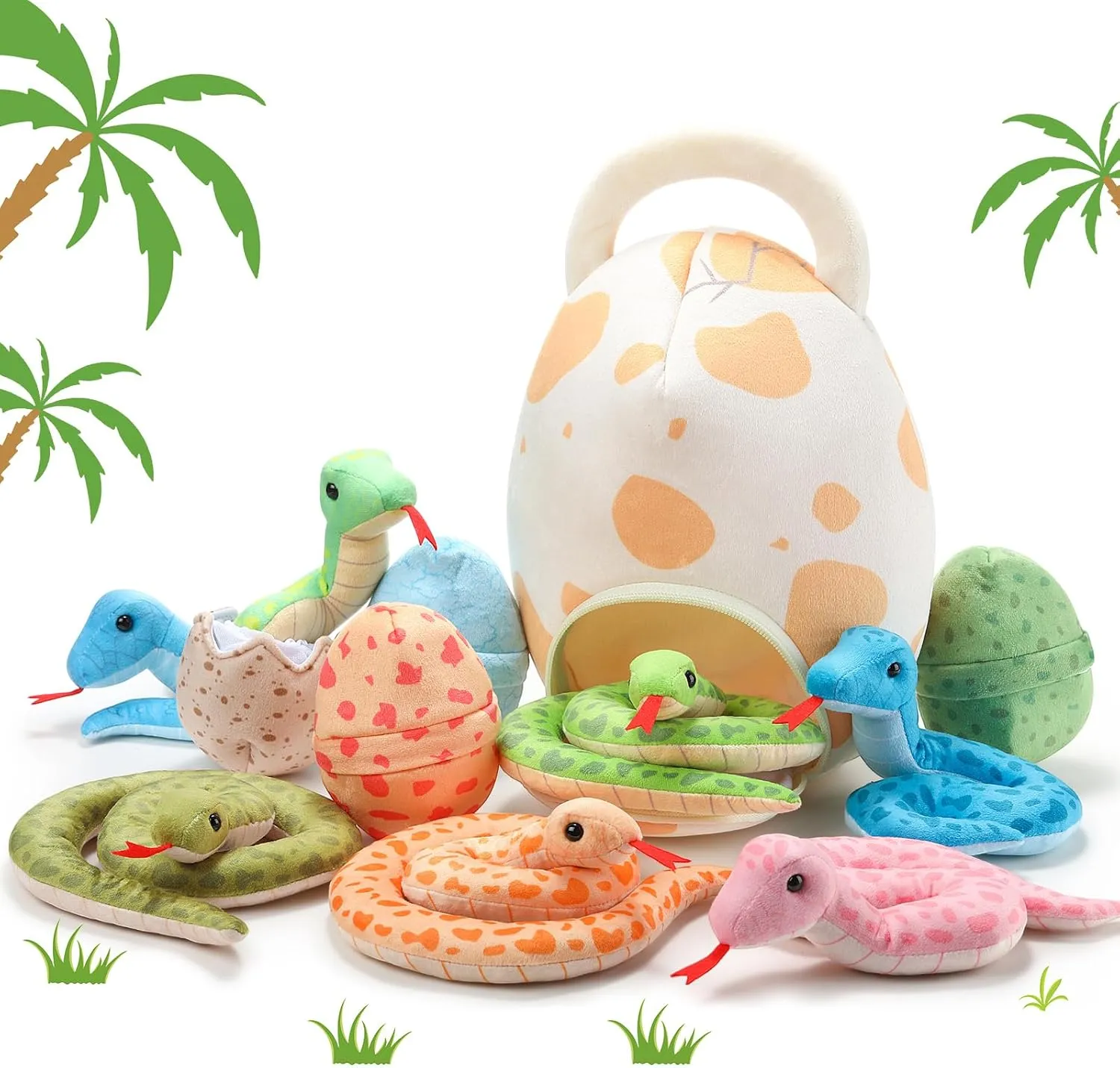 HyDren 12 Pieces Snake Stuffed Animal Snake Plush Toy and Egg Bag Set Cute Plush Snakes with Eggs Soft Realistic Stuffed Toy Gift for Graduation Birthday Halloween Boys Girls
