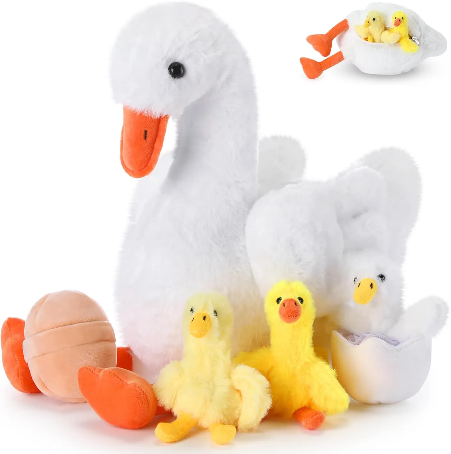 HyDren 5 Pcs Goose Stuffed Animal Family Plush Toy One Silly Goose Birthday Decor Kids Kindergarten Graduation End of Year Gift Cute 10 Inch Mommy with 3 Cute Babies in Her Belly Soft Cuddly Zippered