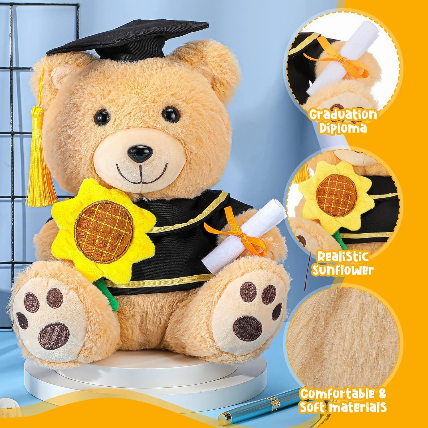 HyDren 2 Pack 10 Inch Graduation Stuffed Bear Animal, Class of 2025 Plush Bear Stuffed Animal with Graduation Cap and Sunflower Diploma for Kindergarten High School College Students Gifts