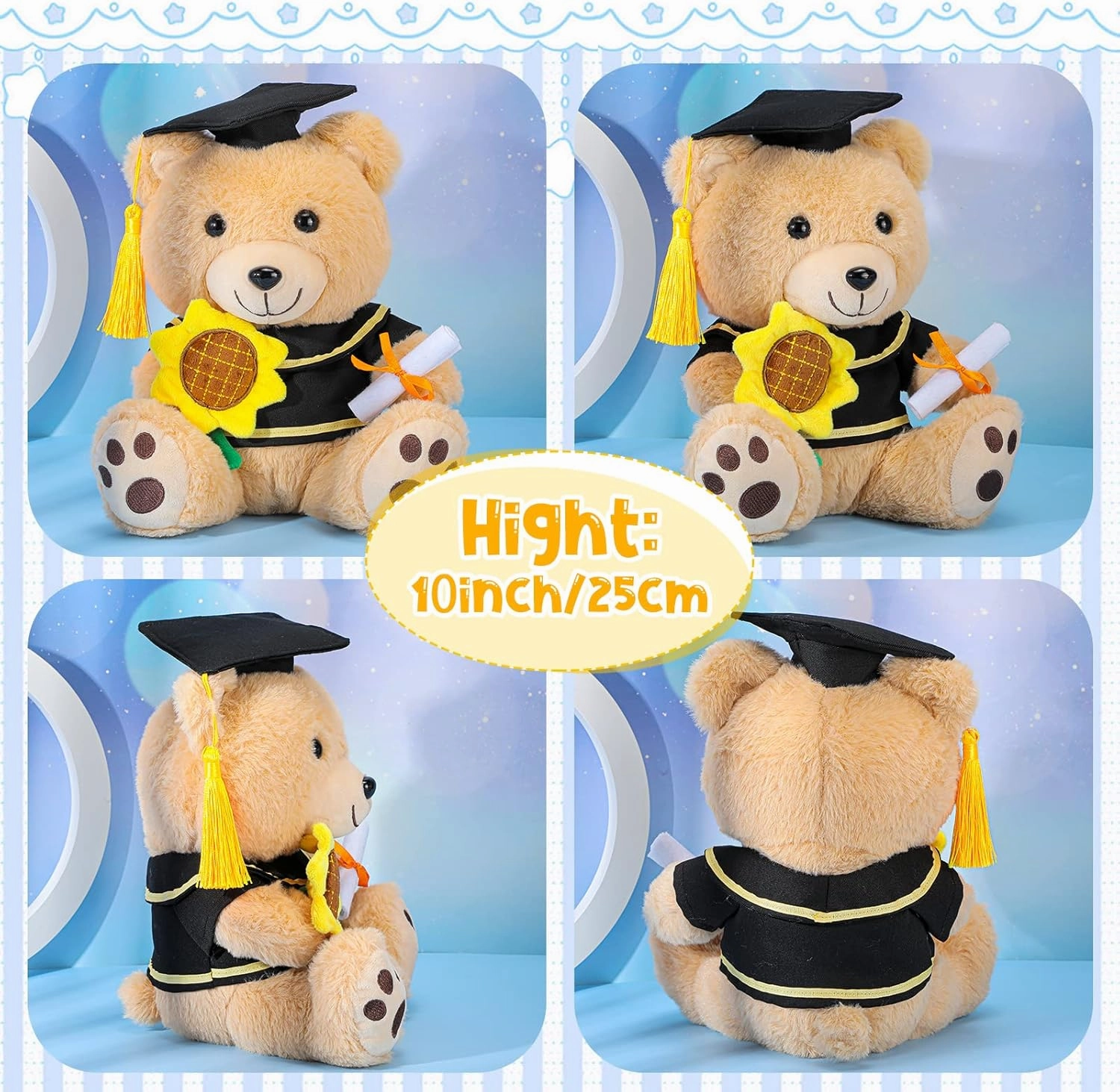 HyDren 2 Pack 10 Inch Graduation Stuffed Bear Animal, Class of 2025 Plush Bear Stuffed Animal with Graduation Cap and Sunflower Diploma for Kindergarten High School College Students Gifts