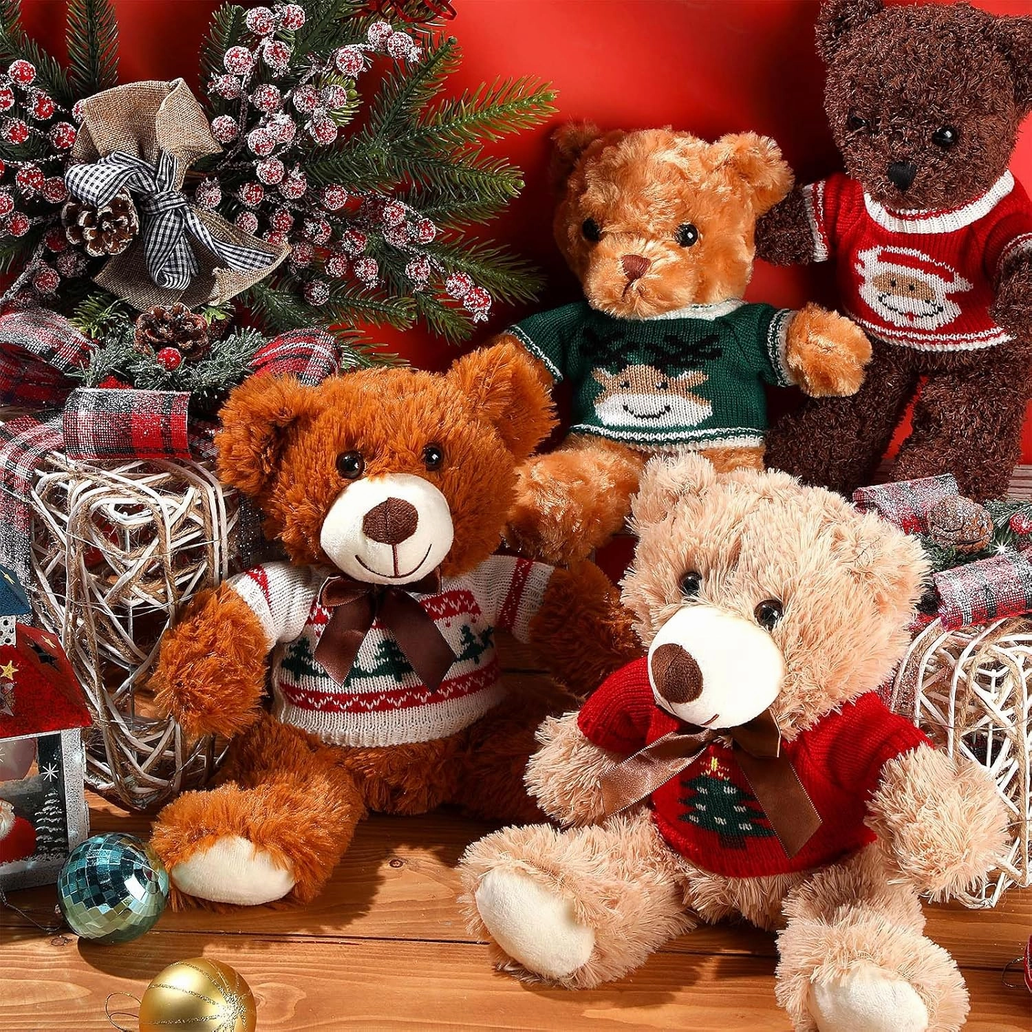 HyDren 2 Pcs Bear Stuffed Animals with 4 Removable Christmas Doll Clothes 14 Inch Plush Bear with Sweaters Home Decorations for DIY Doll Accessories (Lovely,Classic)